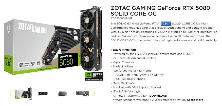 Zotac menciona RTX 5080 Ti em seu site oficial